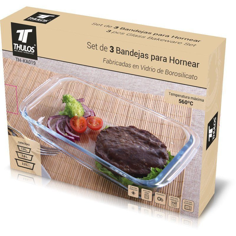 TH-KA019 - Set de 3 bandejas de vidrio rectangulares para horno, 1.0L, 1.6l, 2.2l. THULOS TH-KA019 - Thulos