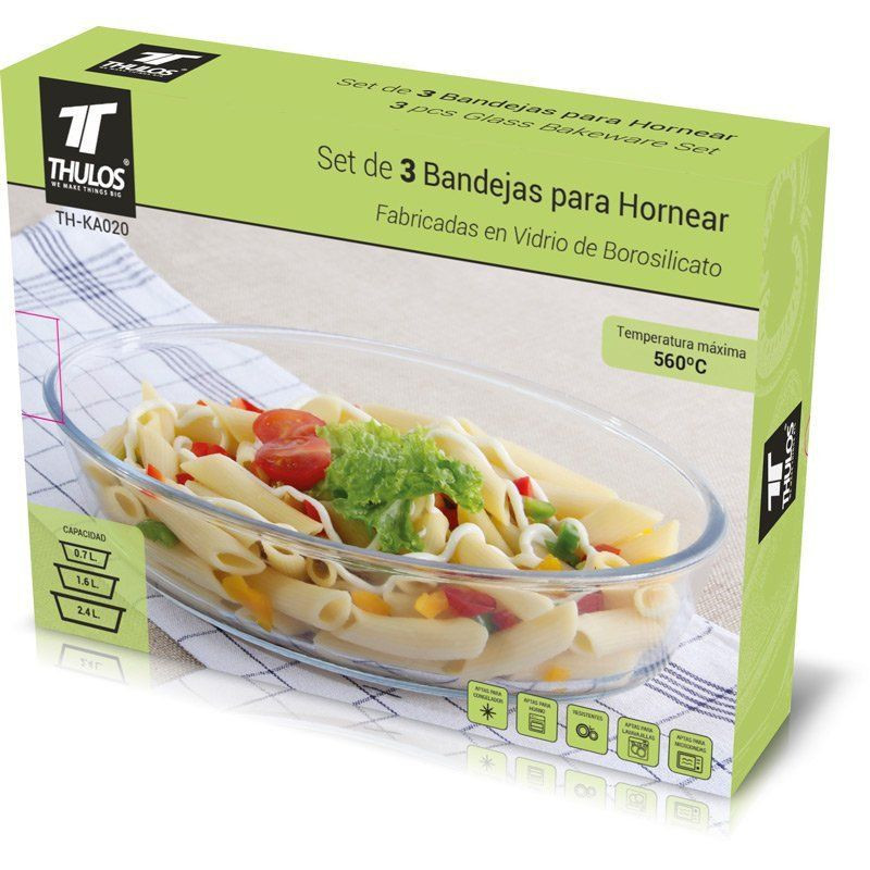 TH-KA020 - Set de 3 bandejas de vidrio ovaladas para horno, 0.7L, 1.6L y 2.4L. THULOS TH-KA020. - Thulos