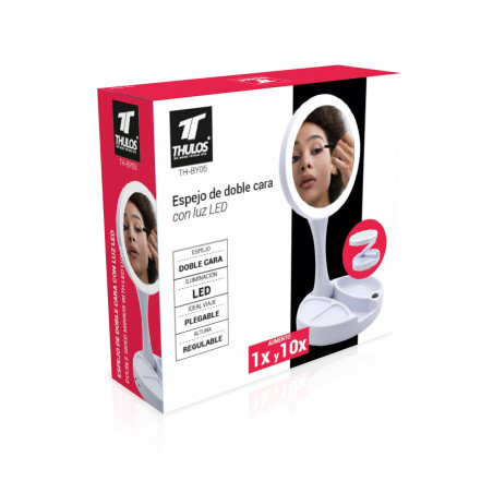 Espelho dupla face com luz led. Ampliação de 1x e 10x. THULOS TH-BY05