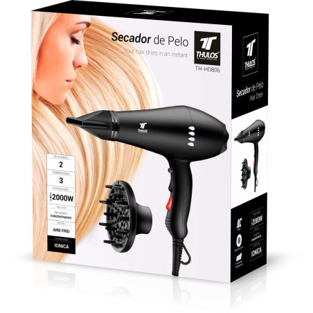 Secador de Pelo Iónico con luces LED. 2000W. Incluye difusor y concentrador. THULOS TH-HD806 Thulos Inicio TH-HD806