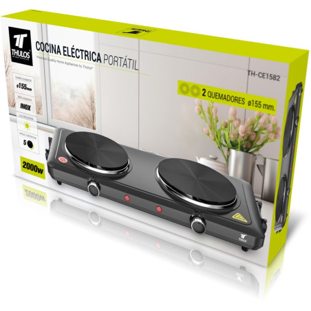 Portable Electric Hot Plate, 2 Burners (1000W+1000W). THULOS TH-CE1582
