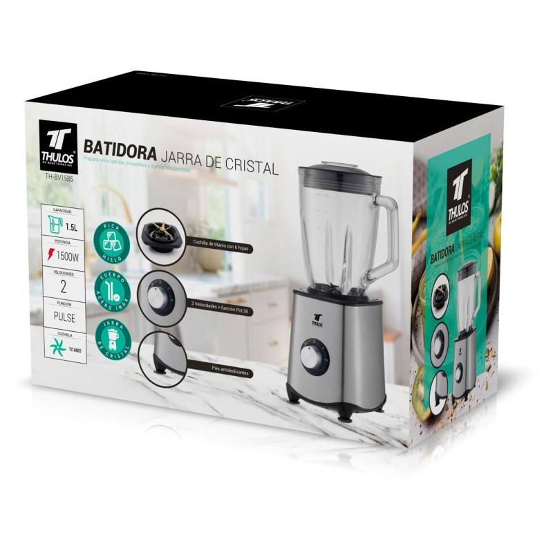 Batidora jarra de cristal, 1.5 L, 1500W, 2 velocidades y PULSE. THULOS TH-BV1585 Thulos Inicio TH-BV1585