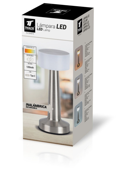 Lámpara inalámbrica LED, batería recargable 1200 mAh, 3 modos de luz. THULOS TH-OA4010 Thulos Inicio TH-OA4010