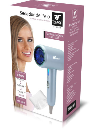 Secador de pelo, tecnología iónica, 1800W, mango plegable ideal para viajes Thulos Inicio TH-HD1810