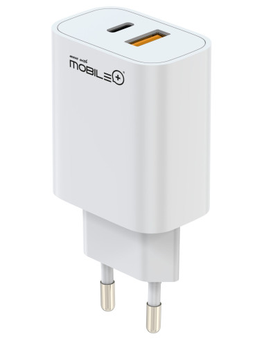 Fast charger with 2 ports: USB-C and USB-A. PD+QC 20W. MOBILE+ MB-1051
