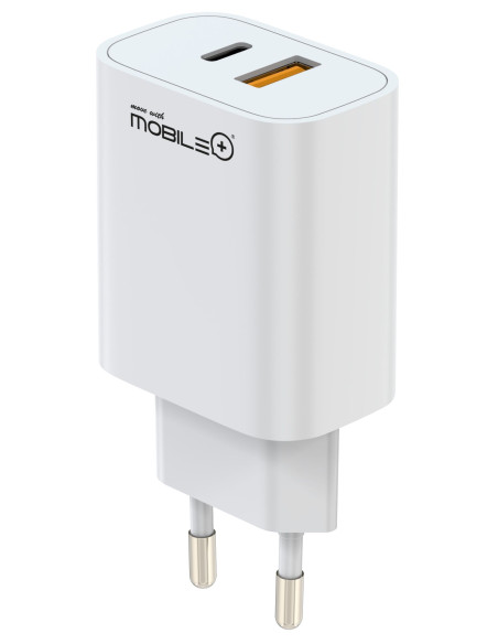Fast charger with 2 ports: USB-C and USB-A. PD+QC 20W. MOBILE+ MB-1051