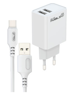 Dual USB-A 15.5W Wall Charger + USB-A to USB-C Cable · MOBILE+ MB-1056