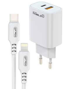 Cargador rápido PD+QC 20W, 2 puertos USB-A Y USB-C + CABLE USB-C A LIGHTNING. MOBILE+ MB-1054 Mobile+ Inicio MB-1054