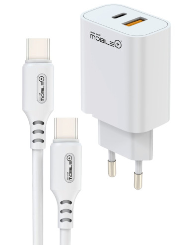 Charger with 2 ports USB-A & USB-C + USB-C TO USB-C CABLE. MOBILE+ ...
