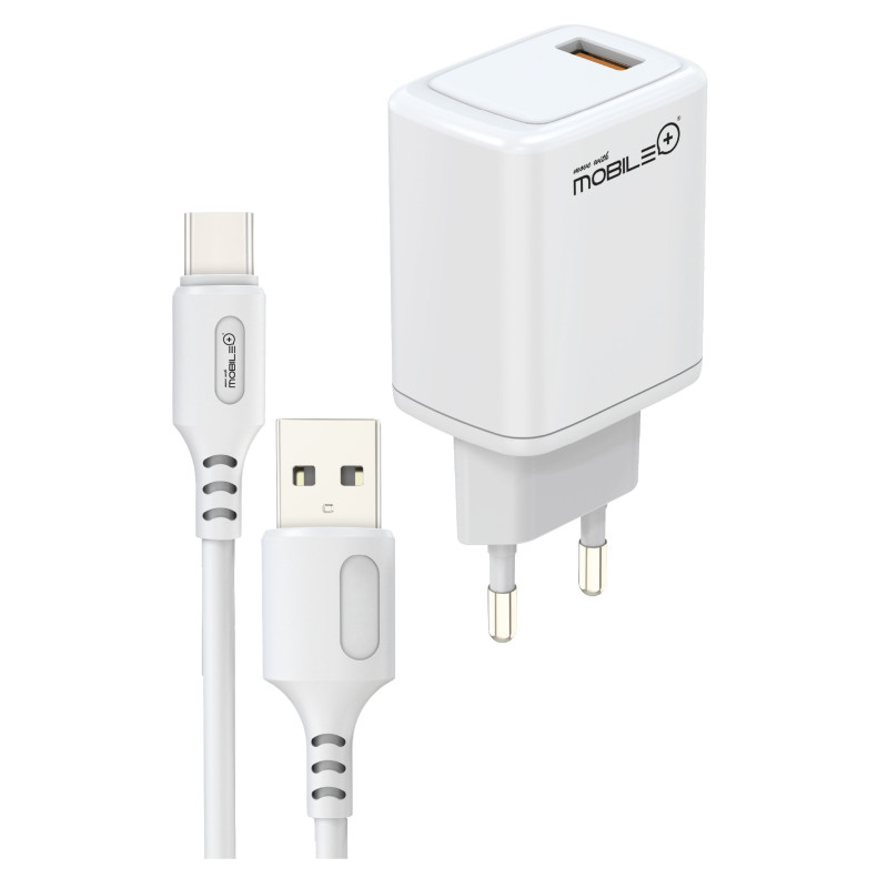 Carregador rápido QC3.0 USB-A + Cabo USB-A para USB-C – MOBILE+ MB-...