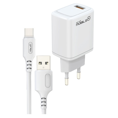 Cargador rápido QC3.0 USB-A + Cable USB-A a USB-C – MOBILE+ MB-1062 Mobile+ Inicio MB-1062