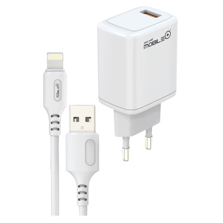 Carregador Q.C. 3.0 USB-A + CABO USB-A PARA LIGHTNING. MOBILE+ MB-1063