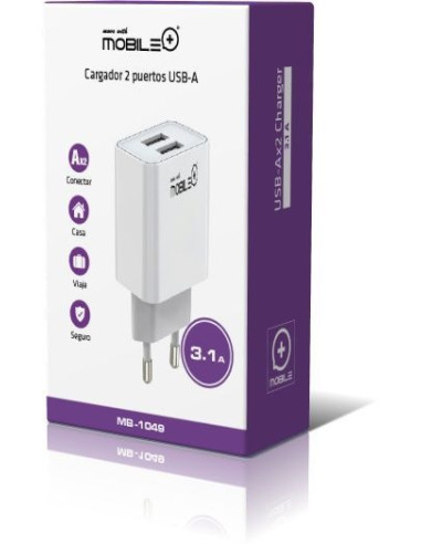 Cargador 2 puertos USB-A, 3.1A. MOBILE+ MB-1049 Mobile+ Inicio MB-1049