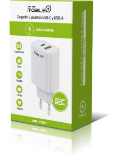 Carregador rápido com 2 portas USB-C e USB-A. PD+QC 20W. MOBILE+ MB... 2