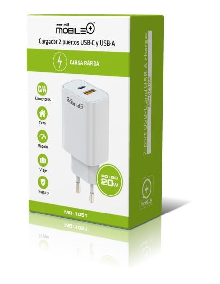 Fast charger with 2 ports: USB-C and USB-A. PD+QC 20W. MOBILE+ MB-1051