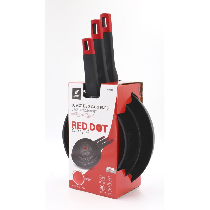 Juego de 3 sartenes: 20x4.5 cm | 24x5 cm | 28x5.5 cm., con indicador de temperatura RED DOT Thulos Inicio TH-FPS351