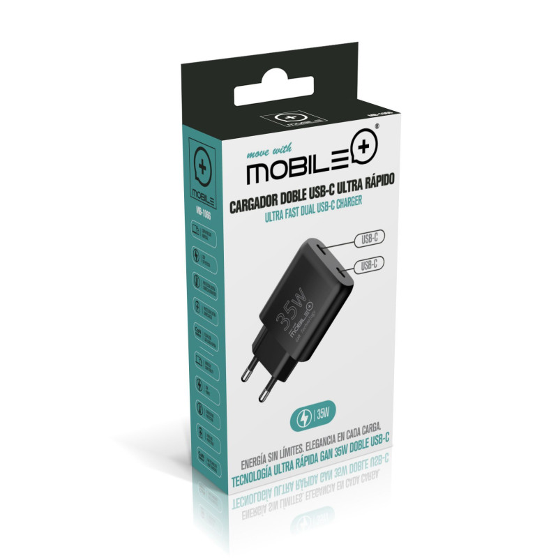 Carregador Duplo USB-C 35W com Tecnologia GaN. MOBILE+ MB-1066