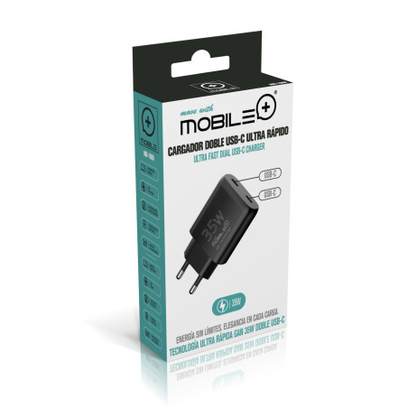 Cargador Doble USB-C 35W con Tecnología GaN. MOBILE+ MB-1066