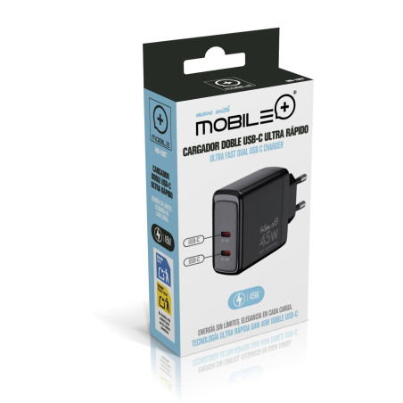 Carregador Duplo USB-C 45W com Tecnologia GaN e PPS. MOBILE+ MB-1067