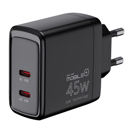 Carregador Duplo USB-C 45W com Tecnologia GaN e PPS. MOBILE+ MB-1067