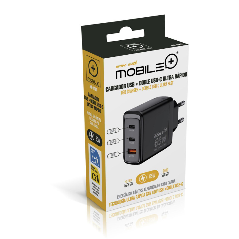 Cargador Triple 65W GaN USB-C + USB-A. MOBILE+ MB-1068 Mobile+ Inicio MB-1068