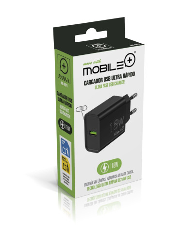 Cargador USB-A 18W con Tecnología QC3.0. MOBILE+ MB-1070 / MB-1071 Mobile+ Inicio MB-1070 / MB-1071